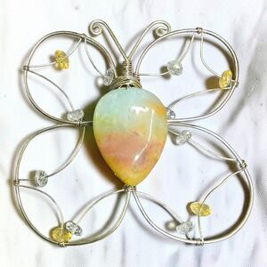Artisan Wirework Butterfly Brooch Agate/Chalcedony Faceted Glass Beads